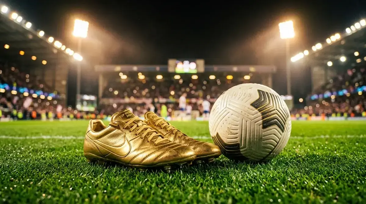Botas de fútbol y un balón sobre el césped iluminado de un estadio, con las gradas desenfocadas al fondo, durante el Mundial 2026