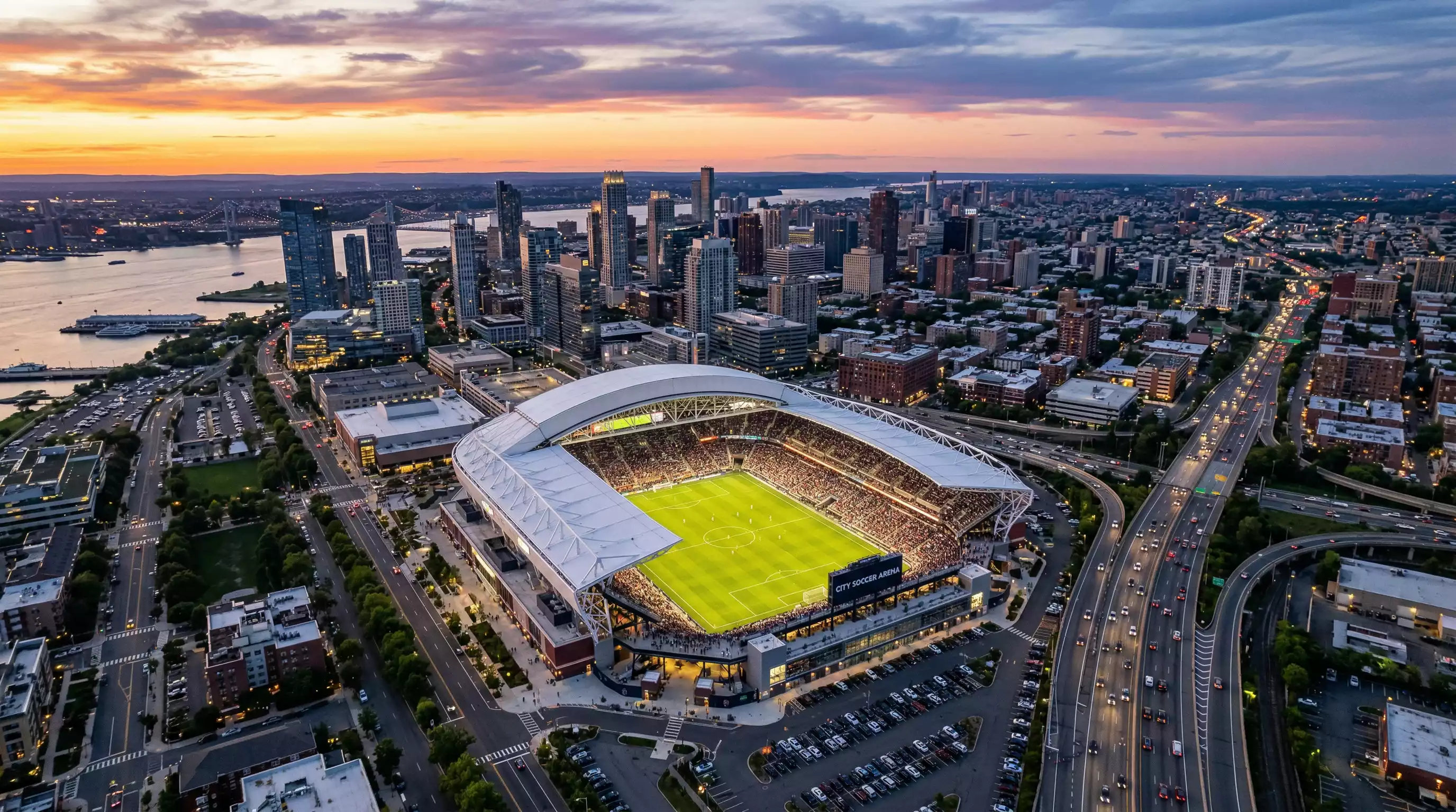 Vista aérea de un gran estadio de fútbol norteamericano rodeado por la ciudad al atardecer