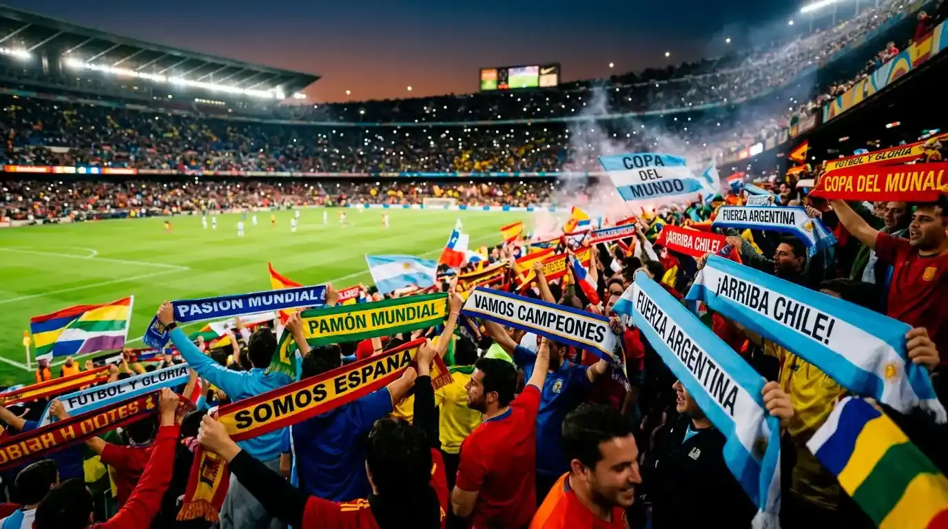 Grada de un estadio con aficionados y banderas durante el Mundial 2026