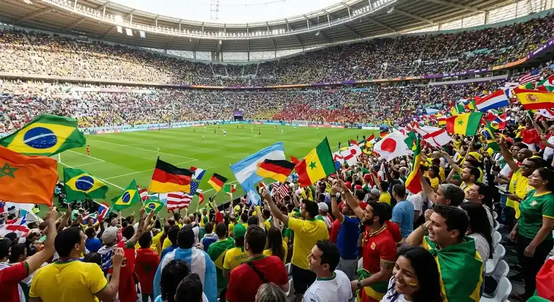 Afición con banderas de varias selecciones en las gradas de un estadio del Mundial 2026 durante la fase eliminatoria
