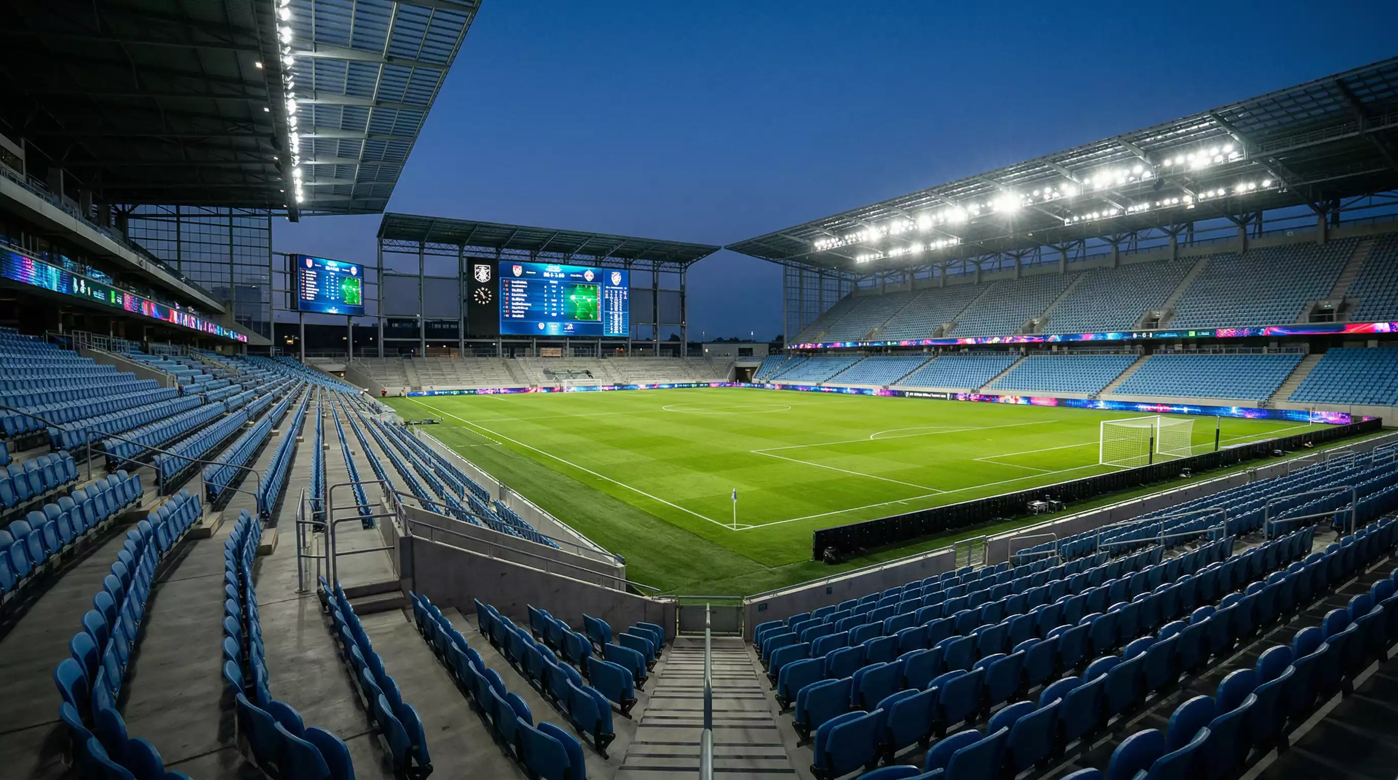 Pantalla de estadísticas en un estadio mostrando datos de rendimiento de selecciones durante un partido del Mundial