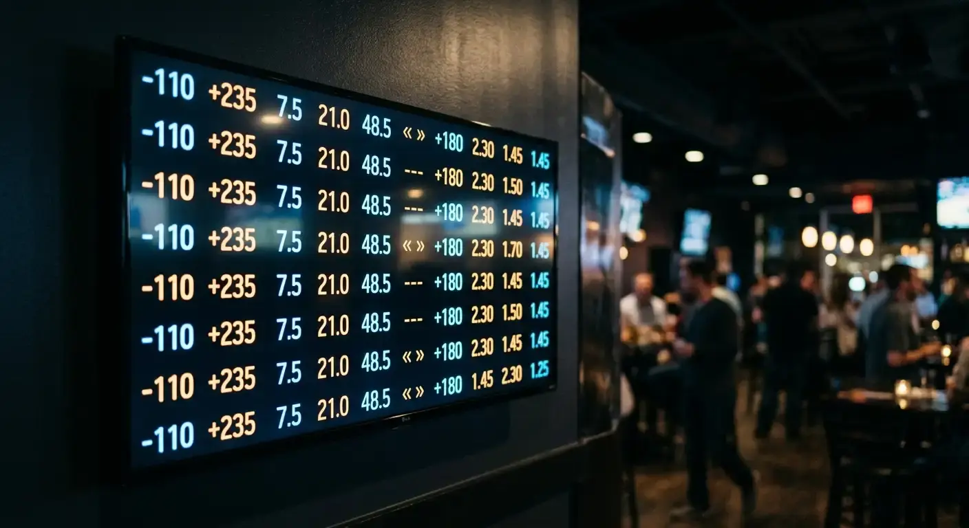 Pantalla de cuotas de apuestas deportivas con cifras luminosas en un ambiente oscuro