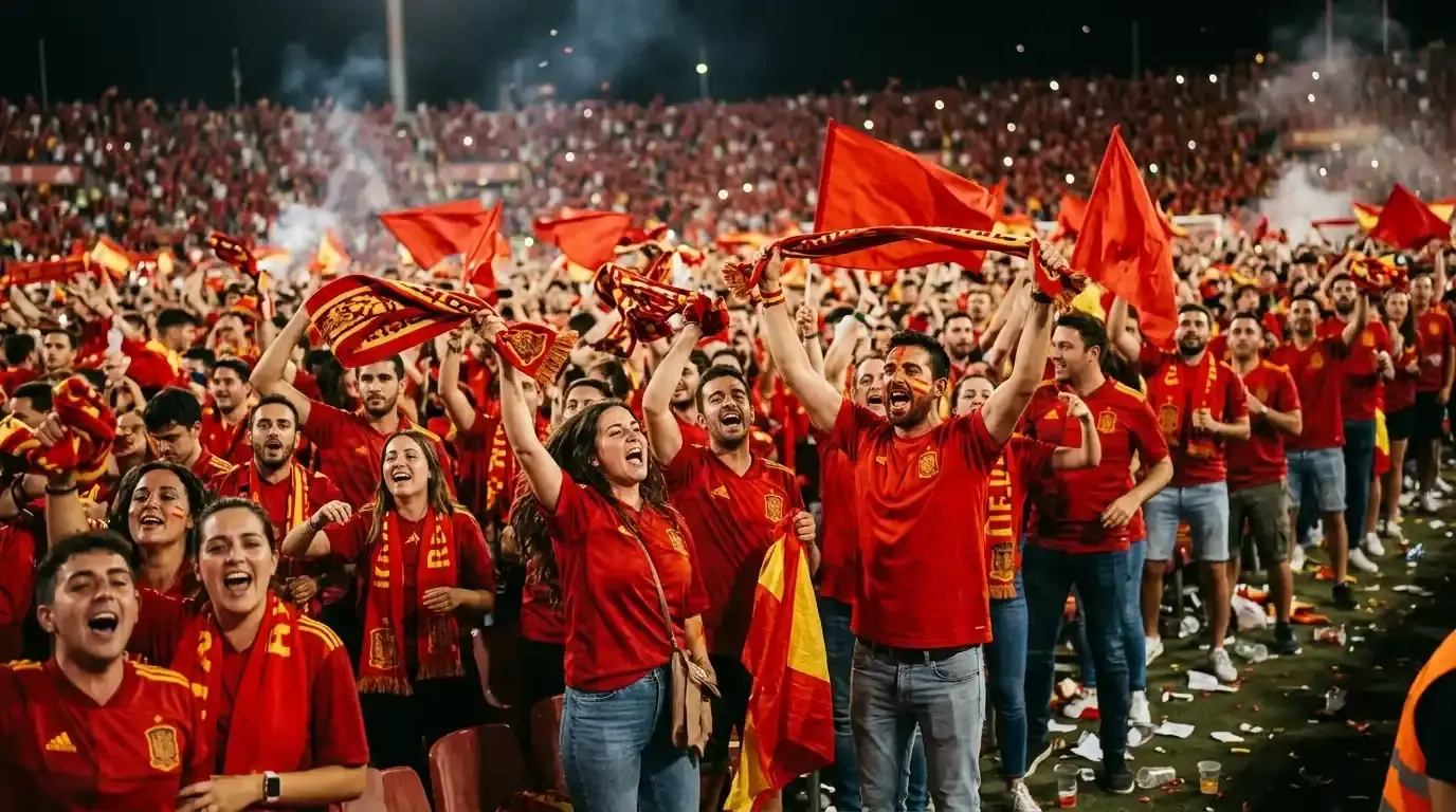 Afición española con banderas y bufandas rojas animando en la grada durante el Mundial 2026