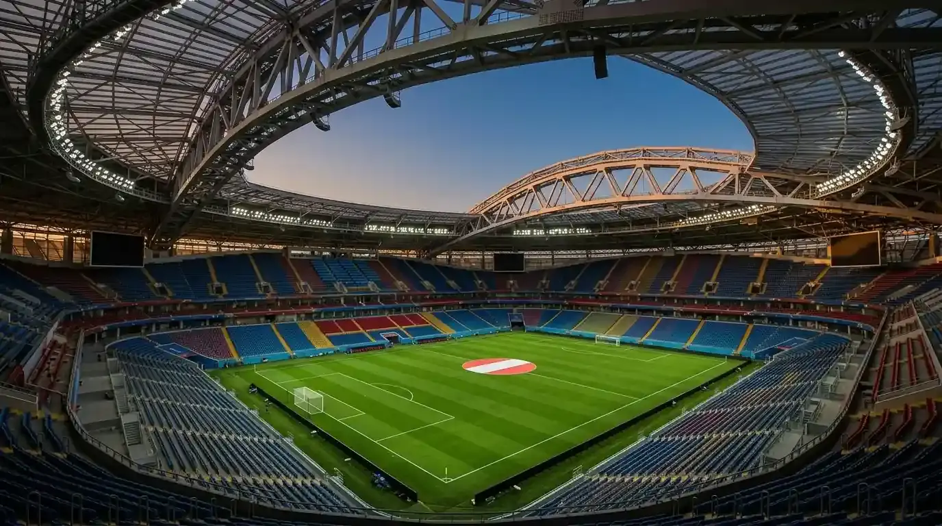 Estadio moderno con el césped iluminado y el techo abierto antes de un partido nocturno del Mundial 2026
