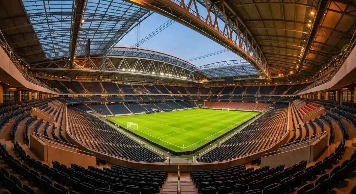 Estadio cubierto y moderno con el césped iluminado antes de un partido nocturno del Mundial 2026