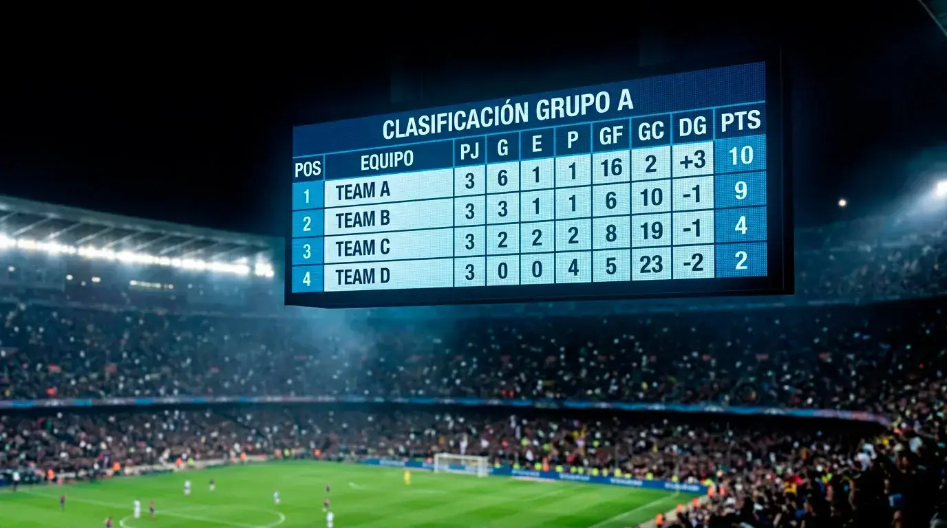 Marcador electrónico de un estadio con una clasificación de grupo durante el Mundial 2026