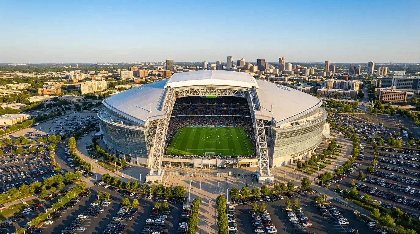 Vista panorámica de un estadio de fútbol moderno preparado para albergar partidos del Mundial 2026