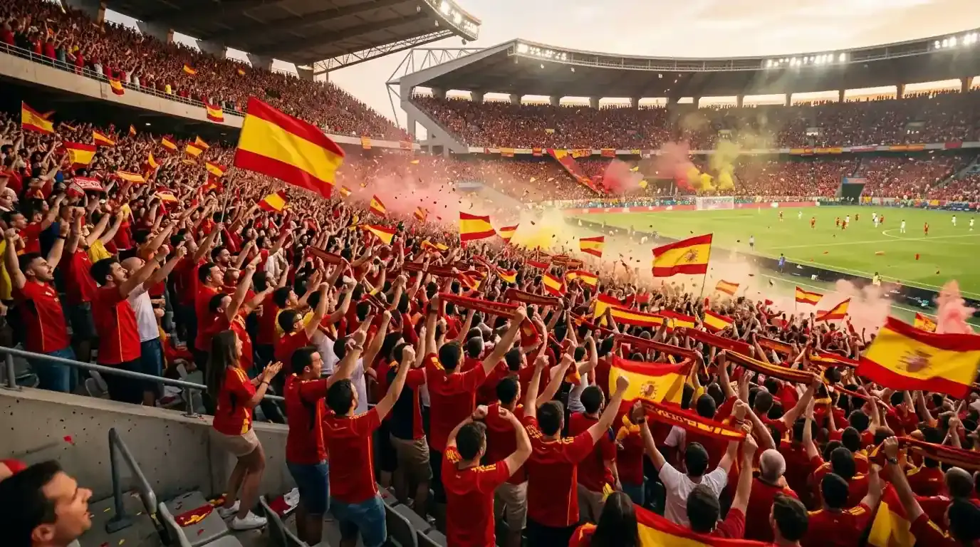 Aficionados con camisetas rojas celebrando en las gradas de un estadio la victoria de su selección en la final del Mundial 2026