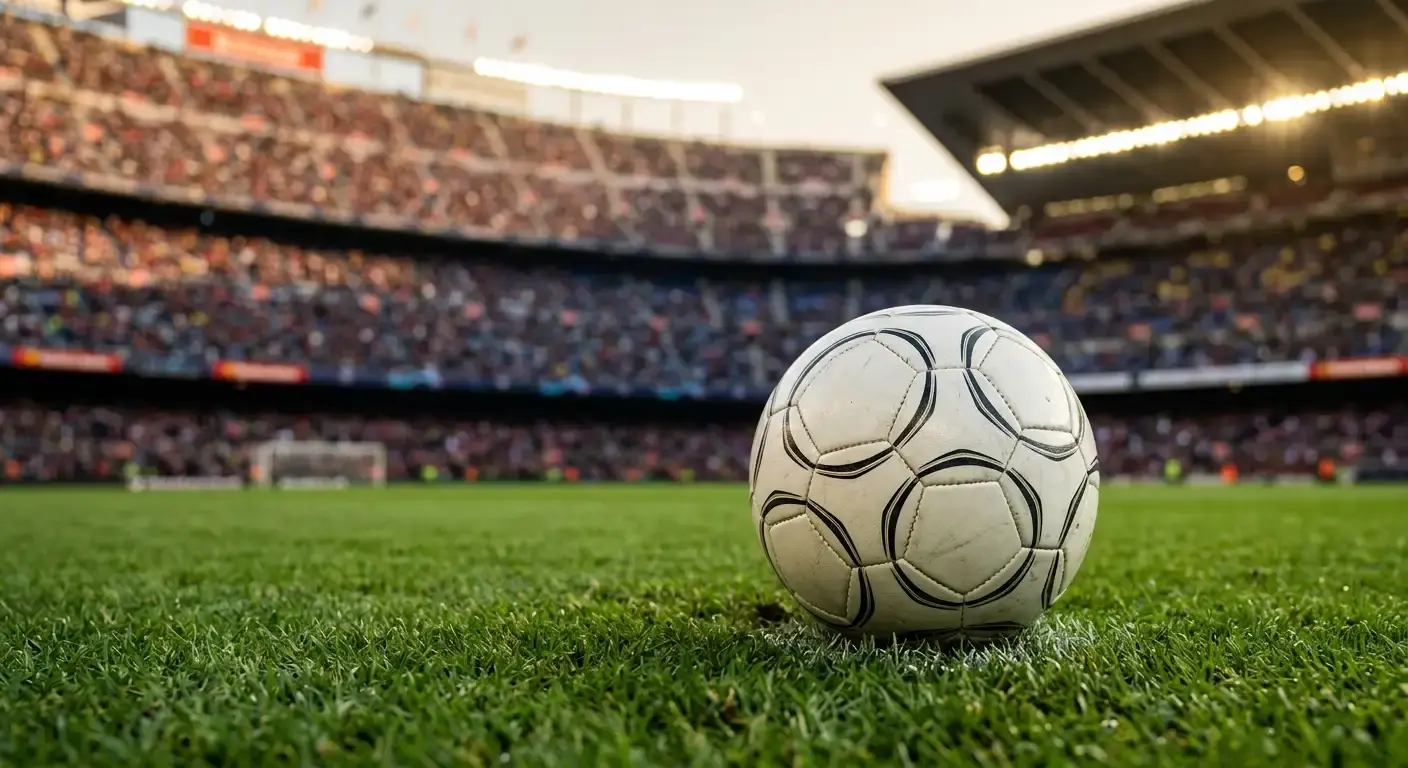 Balón oficial de fútbol sobre el césped de un estadio del Mundial 2026 con las gradas llenas al fondo
