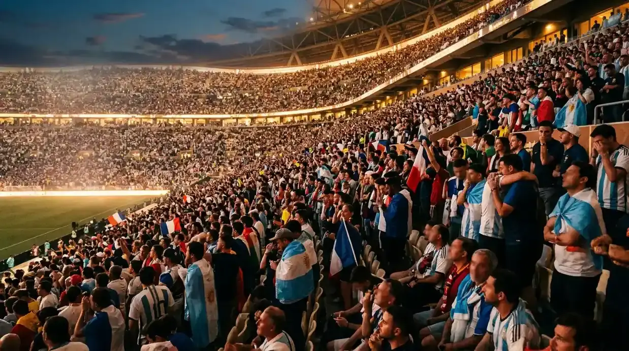 Aficionados en las gradas de un estadio iluminado durante la final del Mundial 2026, ambiente emotivo