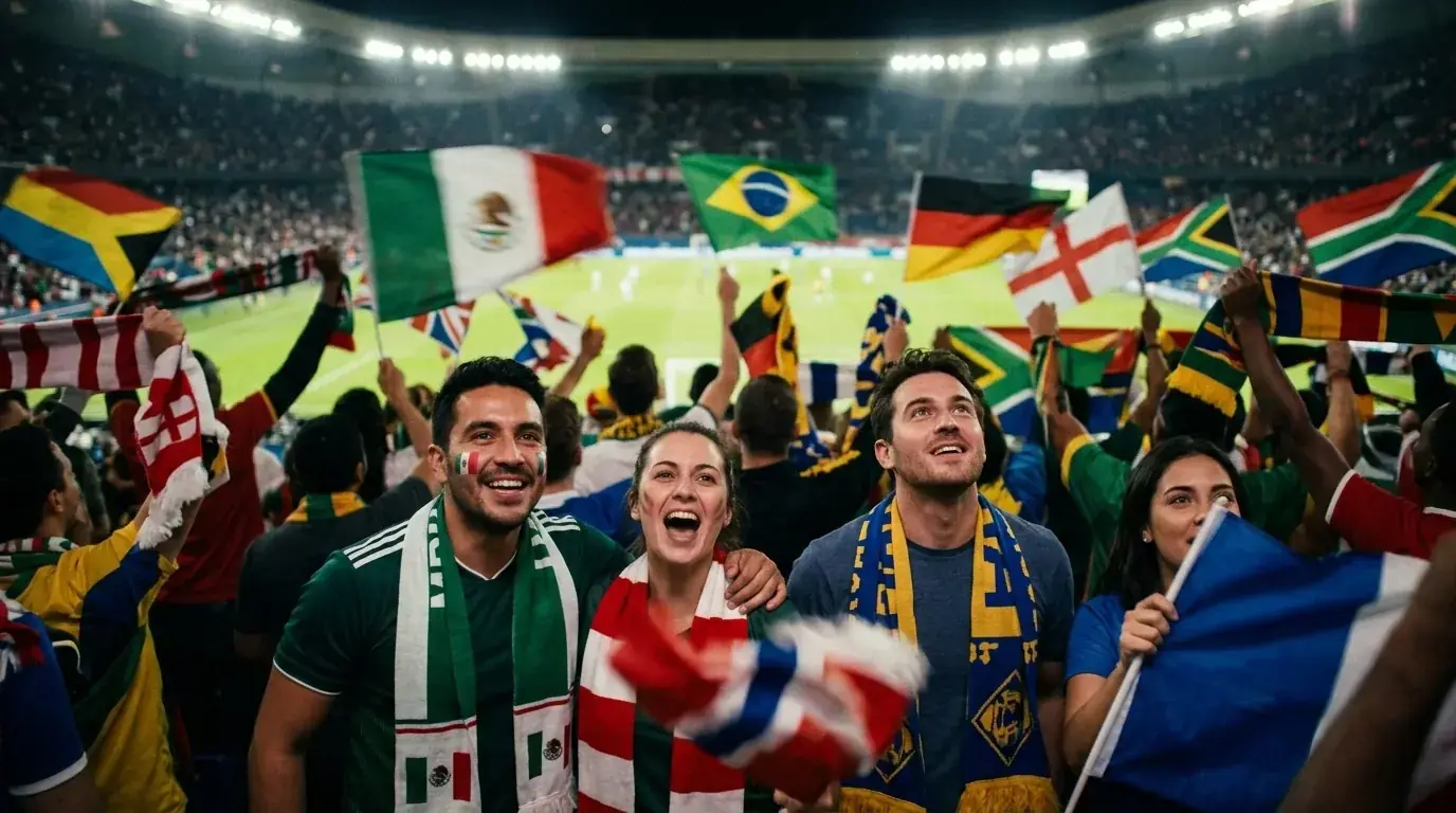 Aficionados de distintas selecciones siguen un partido de fútbol en un ambiente festivo dentro del estadio