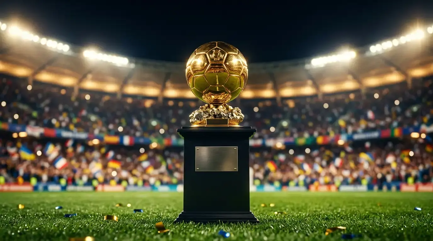 Trofeo dorado individual de fútbol iluminado sobre un pedestal, con las gradas de un estadio desenfocadas al fondo, tras la final del Mundial 2026
