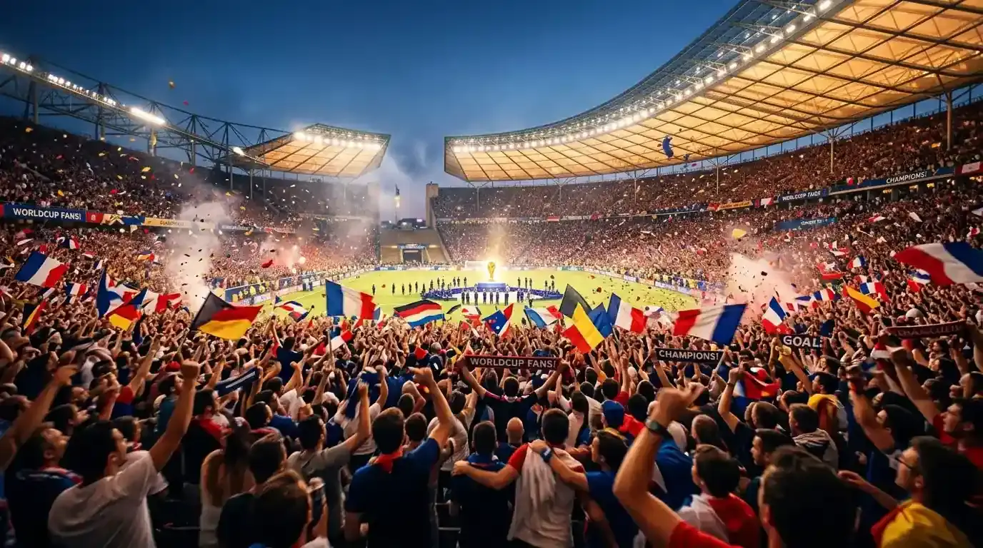 Aficionados celebrando en las gradas de un estadio iluminado tras la entrega de premios de la final del Mundial 2026
