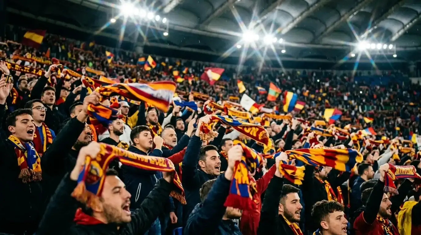 Aficionados con bufandas animando en la grada durante un partido internacional nocturno