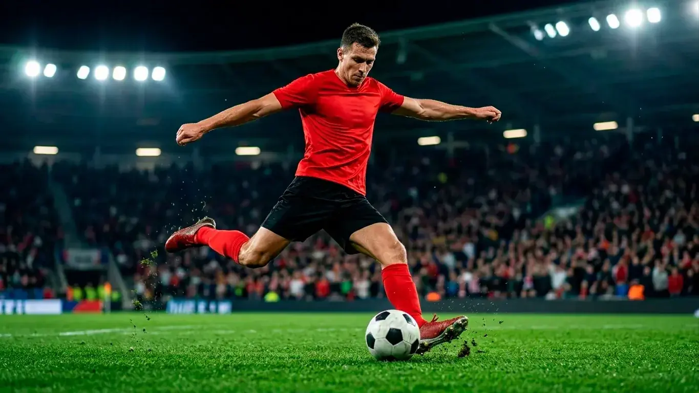 Jugador golpea el balón durante un partido internacional nocturno, focos del estadio al fondo