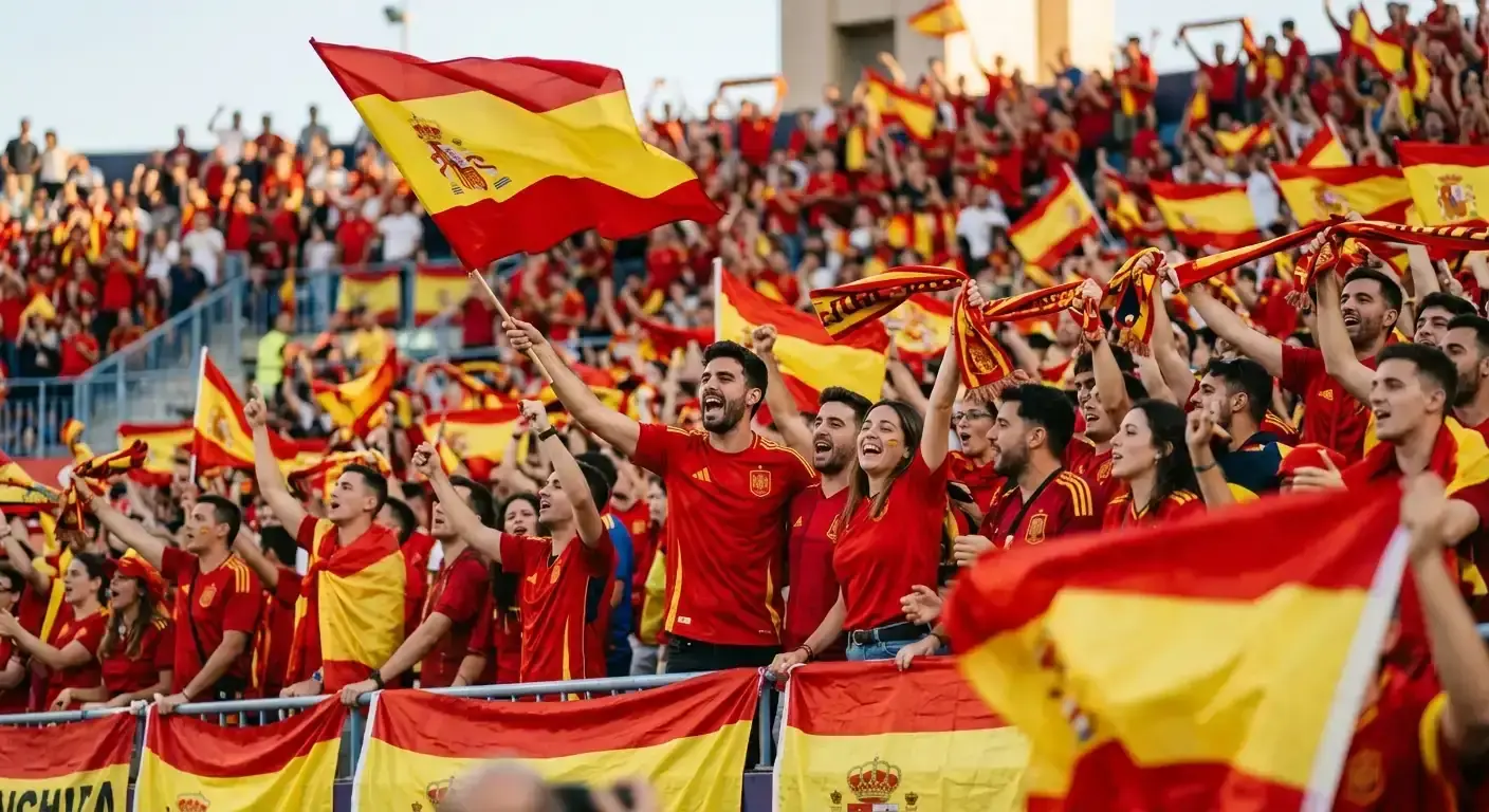 Afición española celebrando con banderas rojas y amarillas el pase de La Roja en el Mundial 2026