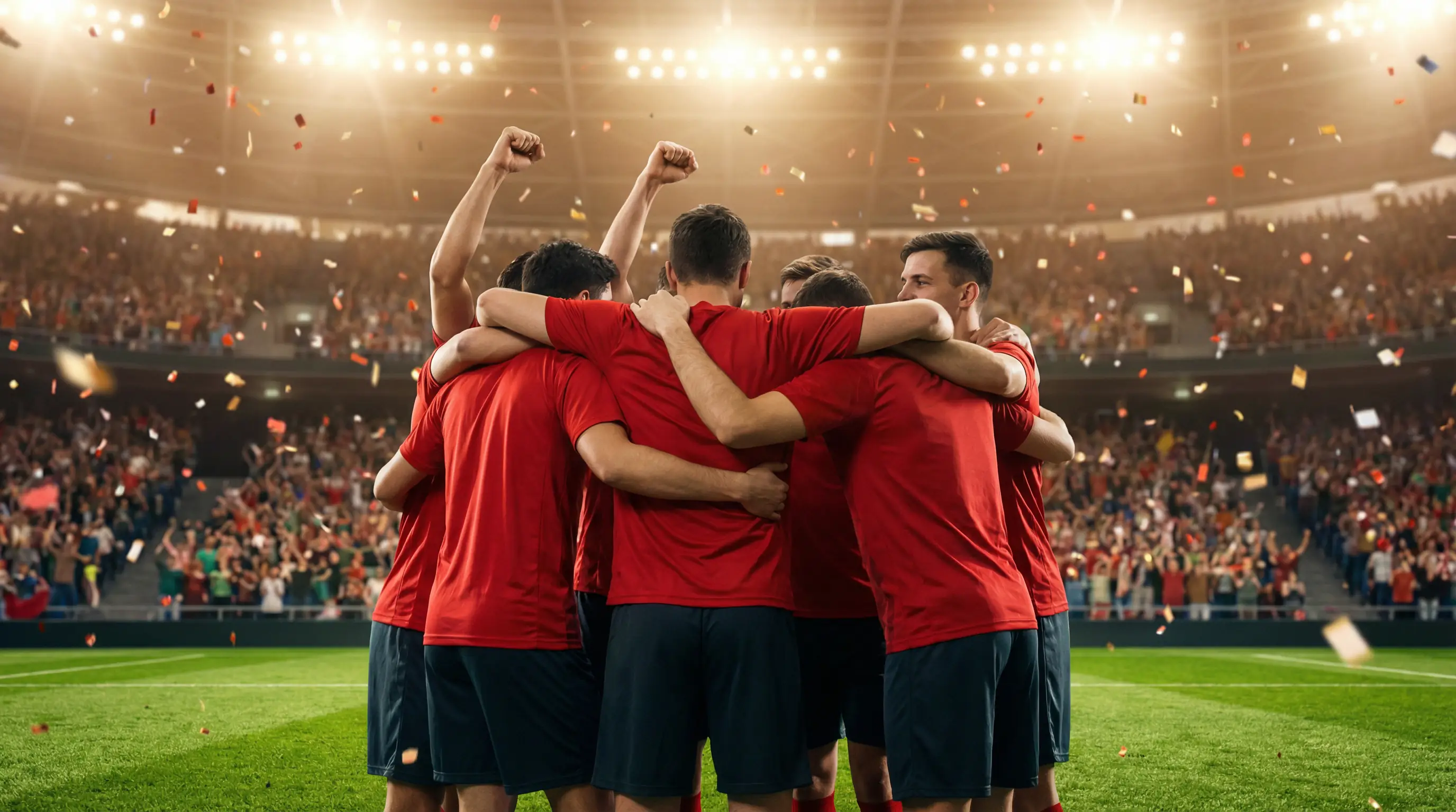 Jugadores de la selección española celebrando un gol con la equipación roja en un gran estadio internacional