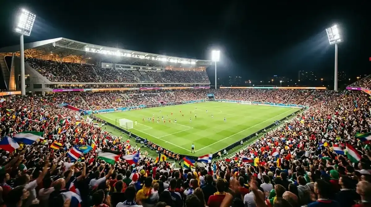 Estadio de fútbol iluminado de noche con las gradas llenas durante un partido de semifinal del Mundial 2026
