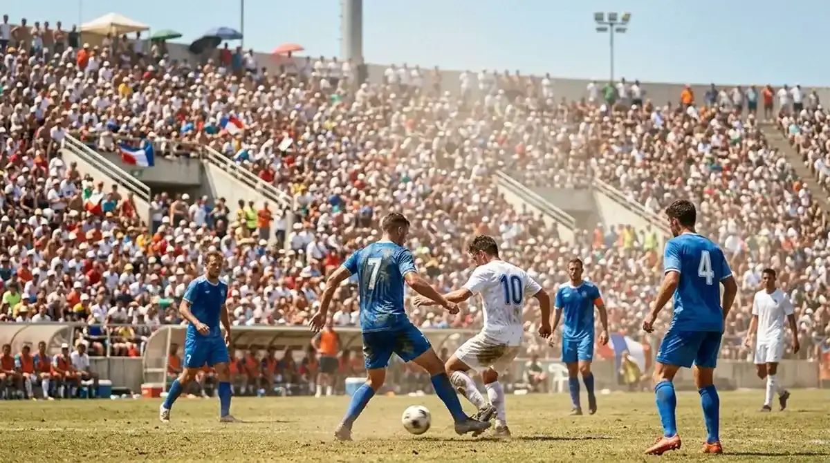 Termómetro y sol intenso sobre un estadio abarrotado, ambiente de calor sofocante durante un partido de fútbol de verano