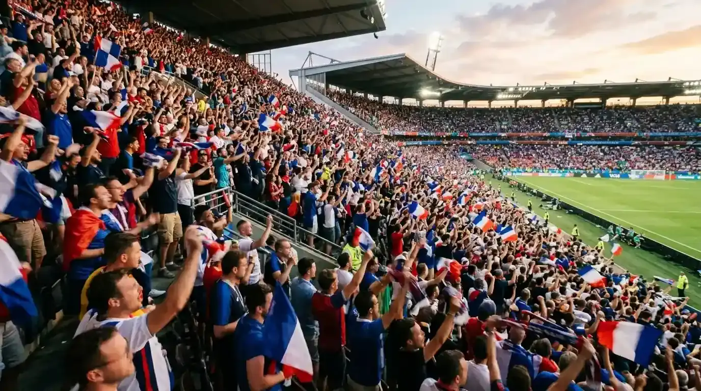 Aficionados con camisetas de sus selecciones celebrando en las gradas de un estadio durante el partido por el tercer puesto del Mundial 2026